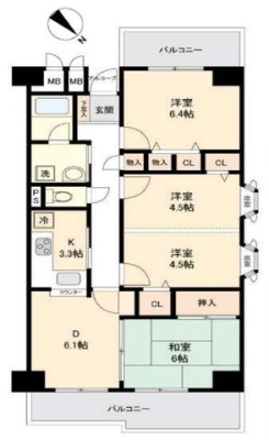  二面にバルコニーあり