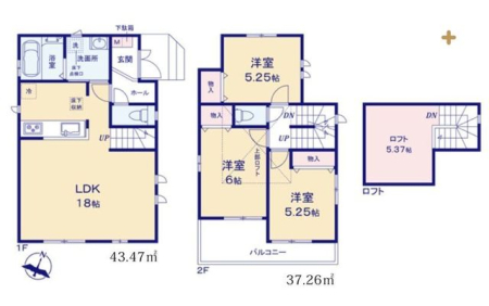  ■全居室２面採光の明るい３ＬＤＫのお住まい！■固定階段式のロフトは５帖超と広くフレキシブルにお使いいただけます■食洗機・浴室換気乾燥機付きで充実した設備