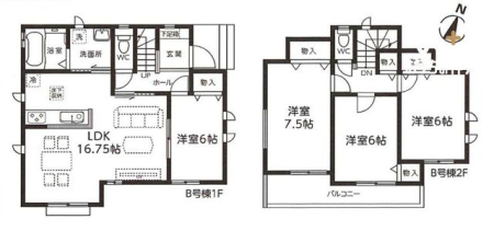  1階に水回りを集約した家事動線に配慮された間取り。南側バルコニーで毎日のお洗濯も捗りそうですね。各居室収納付き。カウンターキッチンでリビングにいる家族ともコミュニケーションが取りやすい造り！