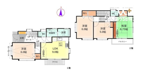  明るいリビング、全室5帖以上のゆとりある間取りです