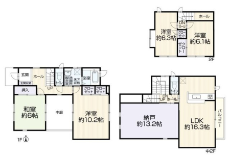  ■外からの視線が気にならない中2階LDK■フレキシブルにお使いいただける１３帖超の納戸■全居室６帖以上のゆとりある室内