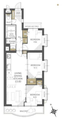  南向きの角部屋です