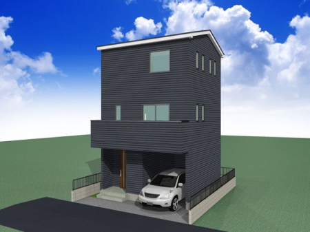 現地土地写真 建物プラン例の完成予想外観パース！生活環境の良好な閑静な住宅地です。子育て世帯や、ゆったり暮らしたい方にもおすすめのエリアです。お買い物施設も充実。