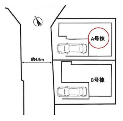  【区画図】A号棟　カースペース1台。閑静な住宅街でありながら、スーパー・駅・小学校が徒歩圏内で暮らしやすい住環境。