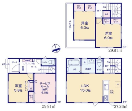 陽射しが入りやすい２階ＬＤＫ。水廻り集中設計で家事動線がスムーズ！納戸は収納付きなので、お部屋としても活躍します！