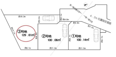 区画図 【区画図・3区画】カースペース1台分。閑静な住宅街でありながら、スーパー・駅・小学校が徒歩圏内で暮らしやすい住環境。