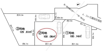 区画図 【区画図・2区画】カースペース1台分。閑静な住宅街でありながら、スーパー・駅・小学校が徒歩圏内で暮らしやすい住環境。